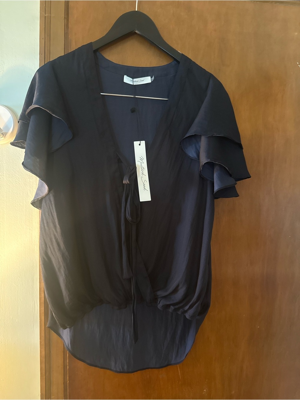 Mustard Seed Navy Ruffle Sleeve Tie-Front Blouse